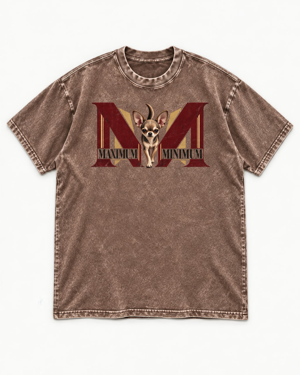 Maximum Minimum Chihuahua Washed Tee in Coffee, flat lay product photo