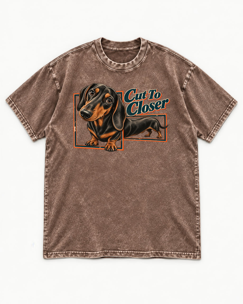 Dachshund Cut to Closer Washed Tee in Coffee, flat lay product photo