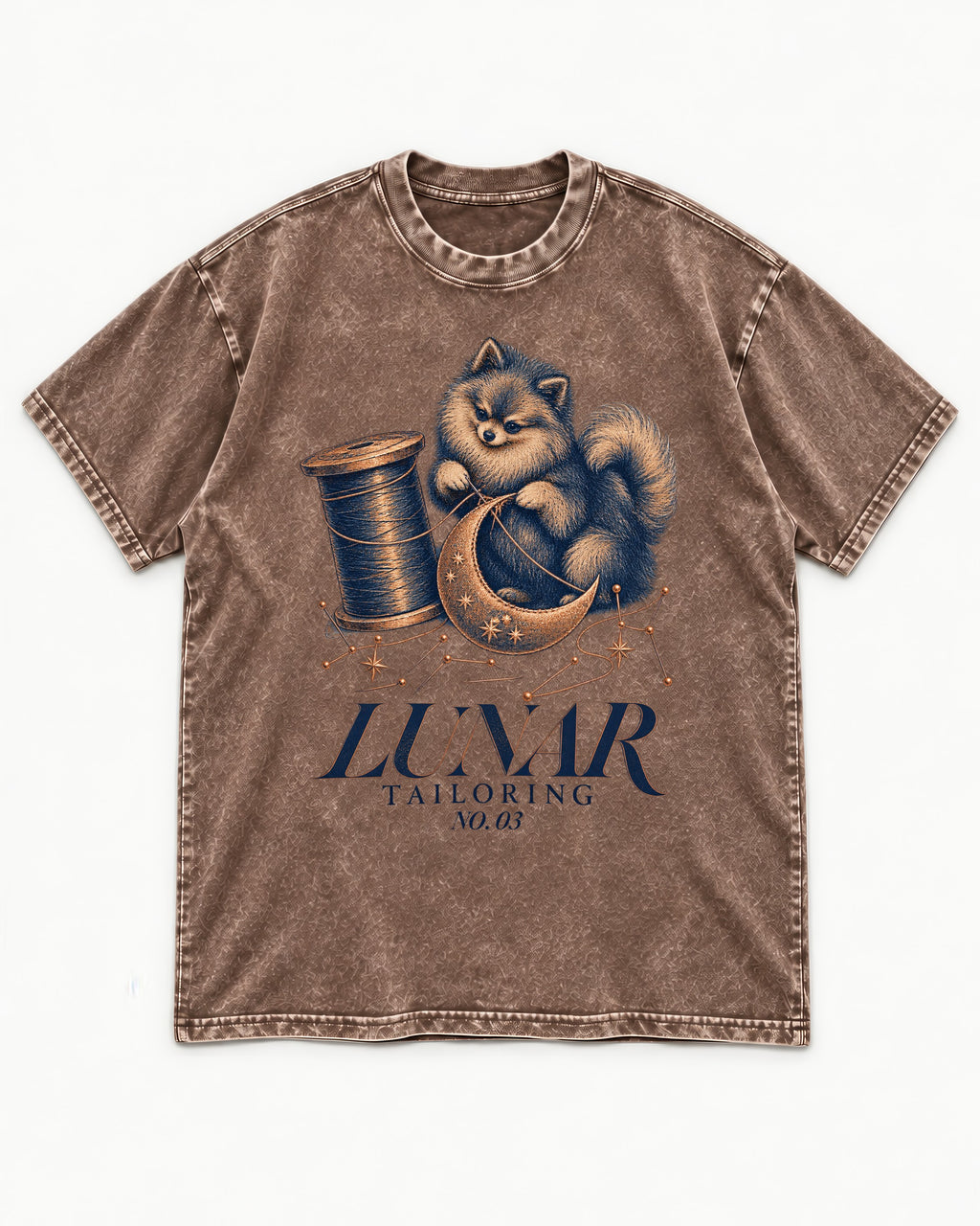 Pomeranian's Lunar Tailoring Washed Tee in Coffee, flat lay product photo