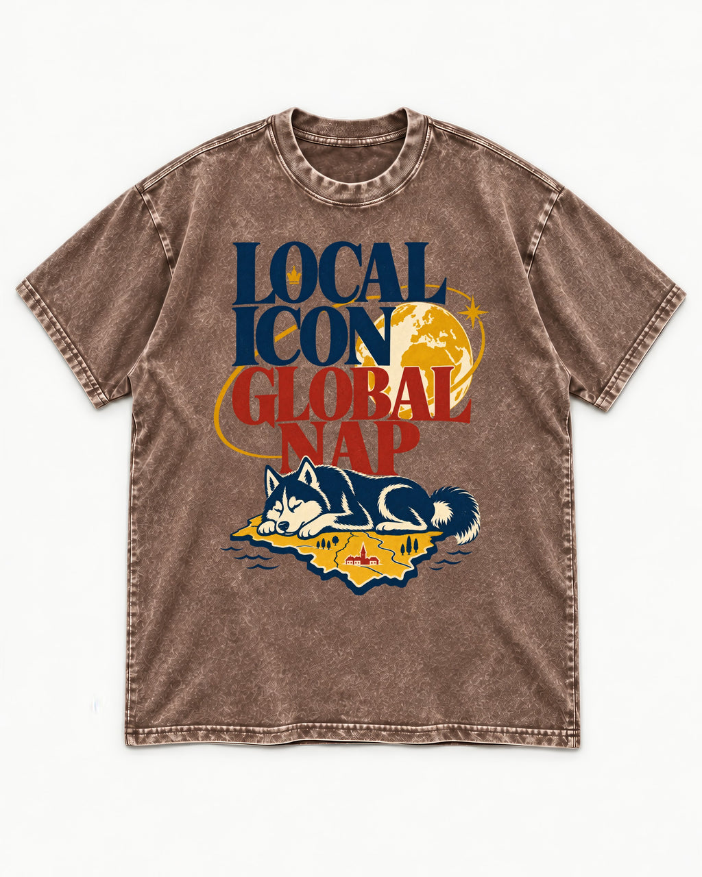 Husky Local Icon Global Nap Washed Tee in Coffee, flat lay product photo