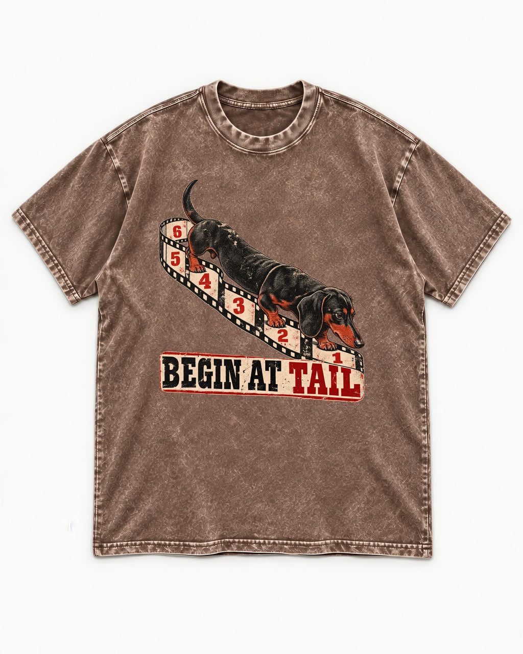 Begin at Tail Dachshund Washed Tee in Coffee, flat lay product photo