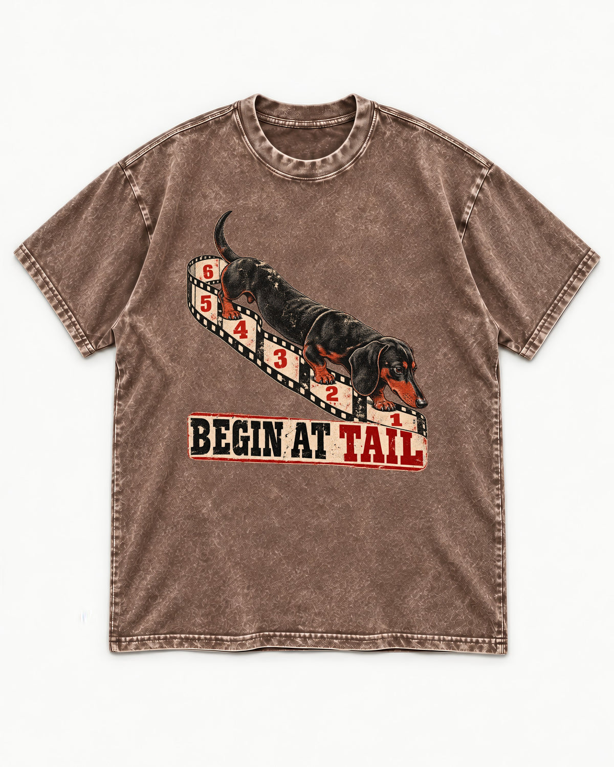Begin at Tail Dachshund Washed Tee in Coffee, flat lay product photo