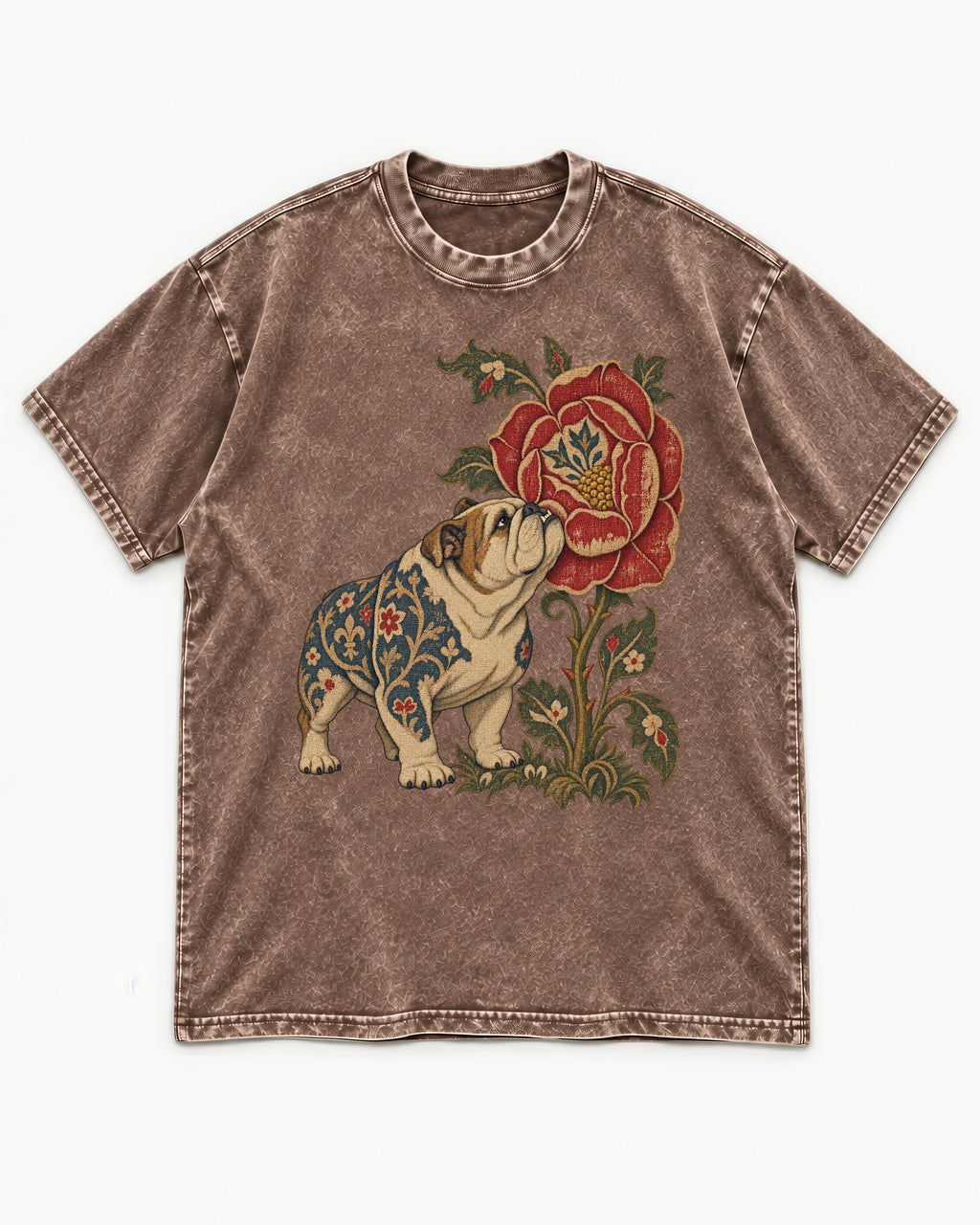 English Bulldog Tender Devotion Washed Tee in Coffee, flat lay product photo