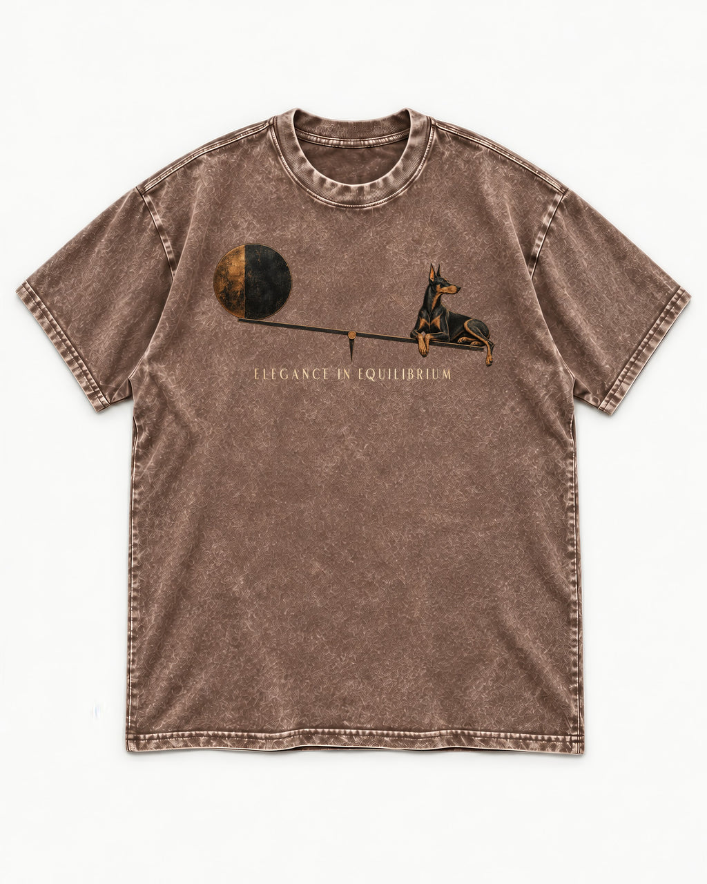 Doberman Elegance in Equilibrium Balance Graphic Washed Tee in Coffee, flat lay product photo