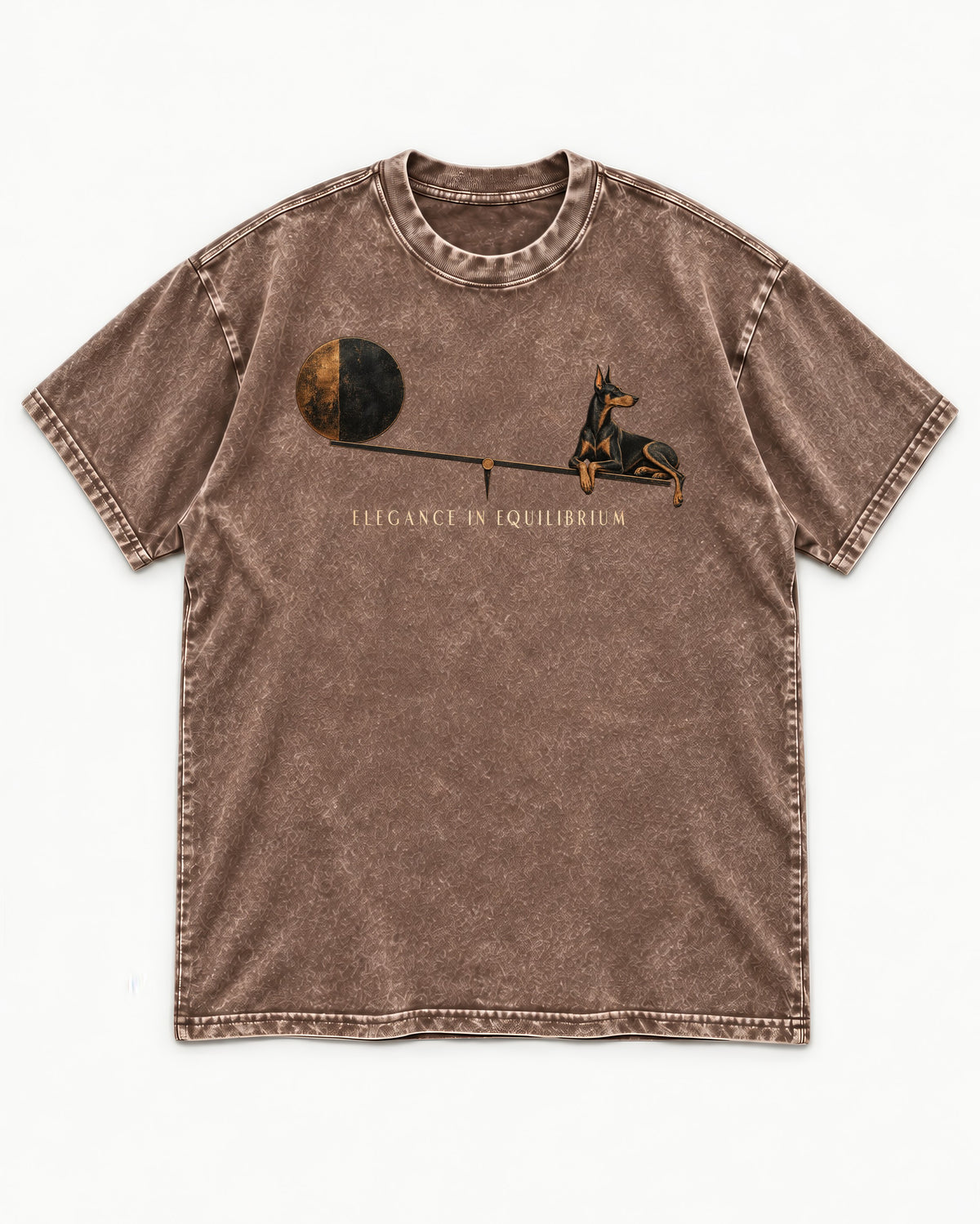 Doberman Elegance in Equilibrium Balance Graphic Washed Tee in Coffee, flat lay product photo