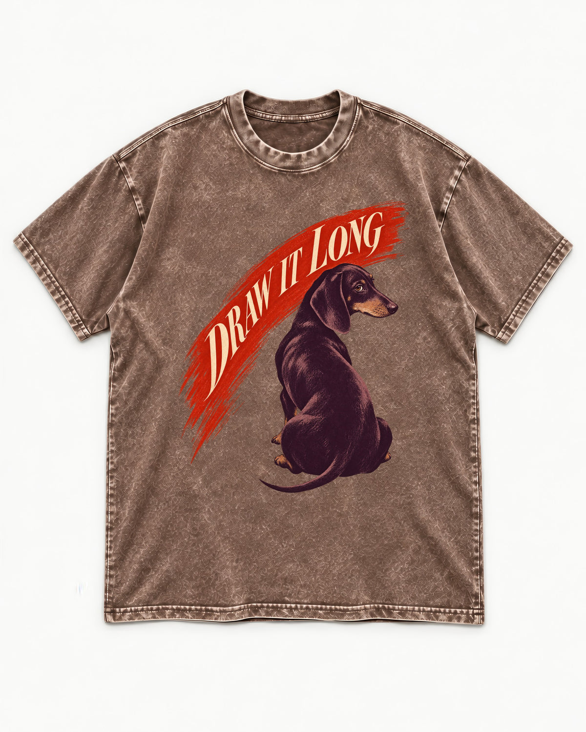 Draw It Long Dachshund Washed Tee in Coffee, flat lay product photo