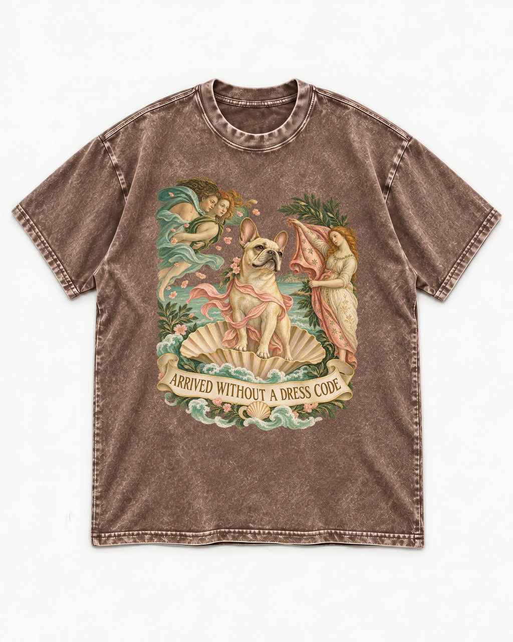 Frenchie Without a Dress Code Washed Tee in Coffee, flat lay product photo
