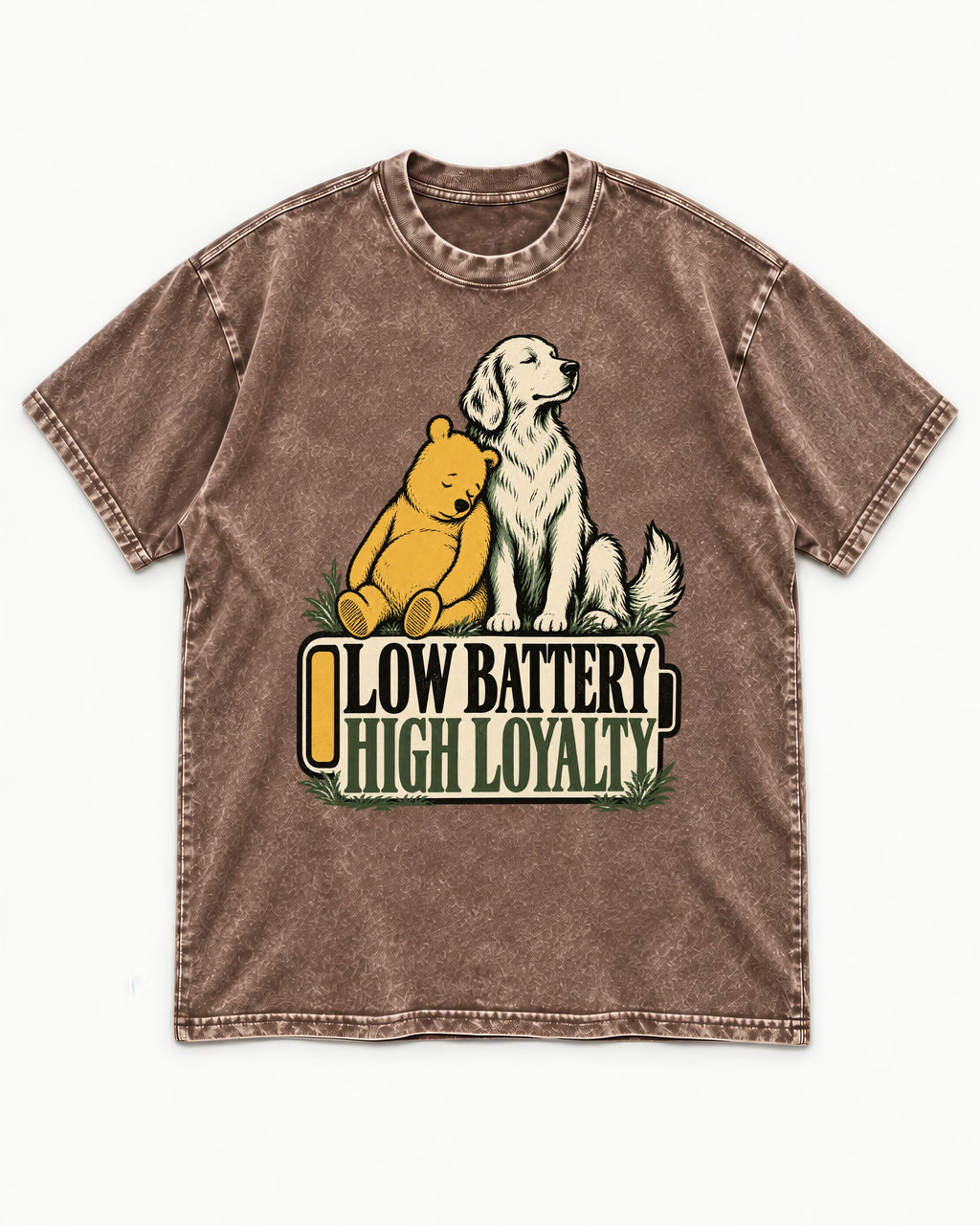 Golden Retriever Low Battery High Loyalty Washed Tee in Coffee, flat lay product photo
