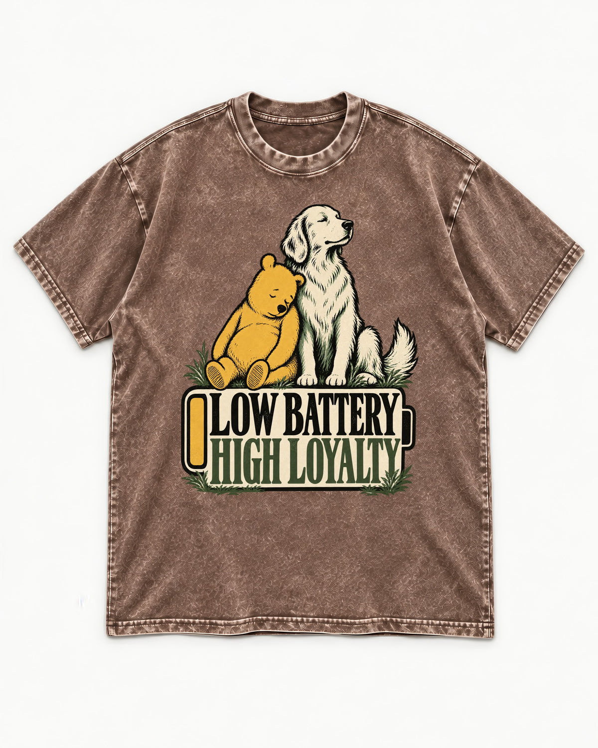 Golden Retriever Low Battery High Loyalty Washed Tee in Coffee, flat lay product photo