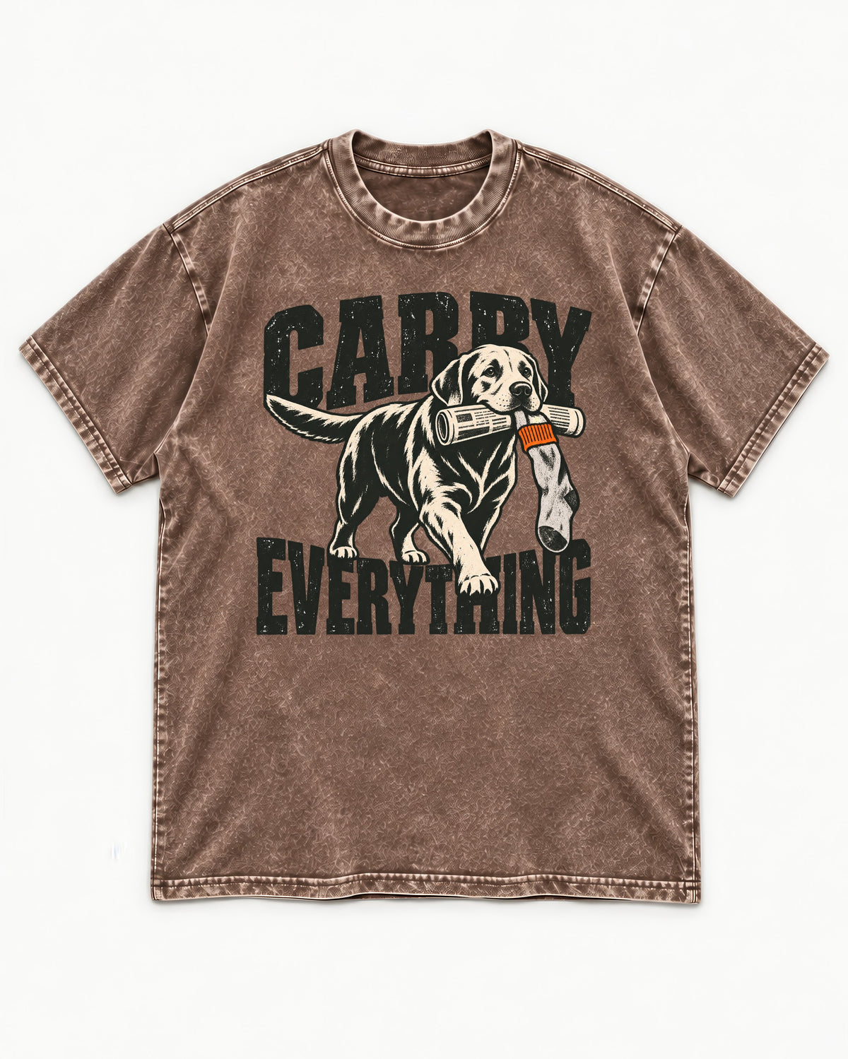 Carry Everything Labrador Retriever Washed Tee in Coffee, flat lay product photo