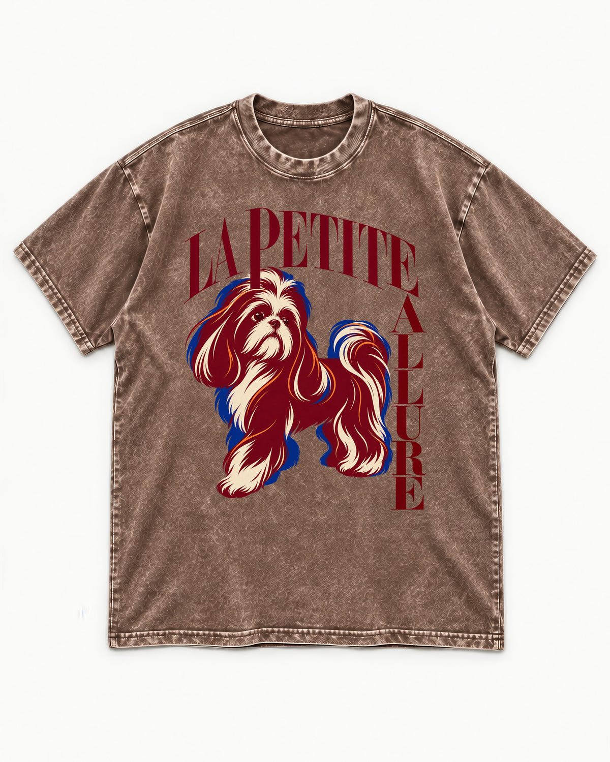 La Petite Allure Shih Tzu Washed Tee in Coffee, flat lay product photo