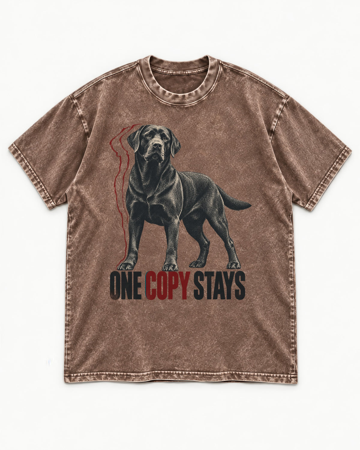 One Copy Stays Labrador Retriever Washed Tee in Coffee, flat lay product photo