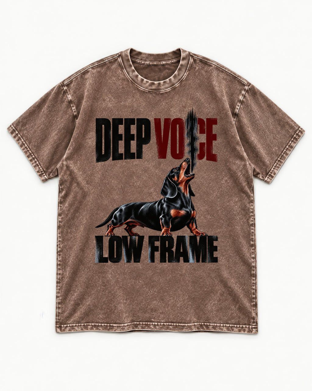 Deep Voice Low Frame Dachshund Washed Tee in Coffee, flat lay product photo
