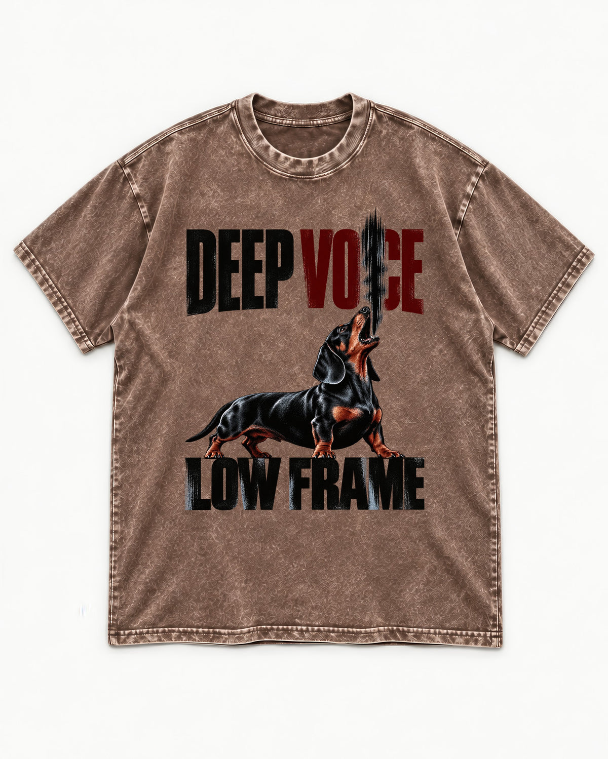 Deep Voice Low Frame Dachshund Washed Tee in Coffee, flat lay product photo