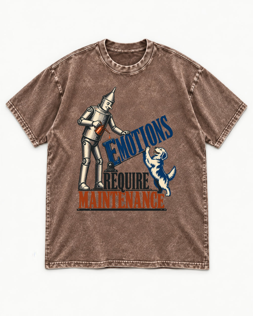 Golden Retriever Emotions Require Maintenance Washed Tee in Coffee, flat lay product photo