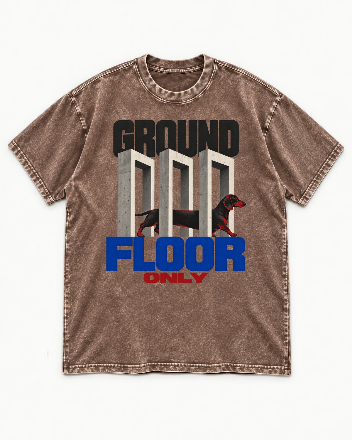 Ground Floor Only Dachshund Washed Tee in Coffee, flat lay product photo