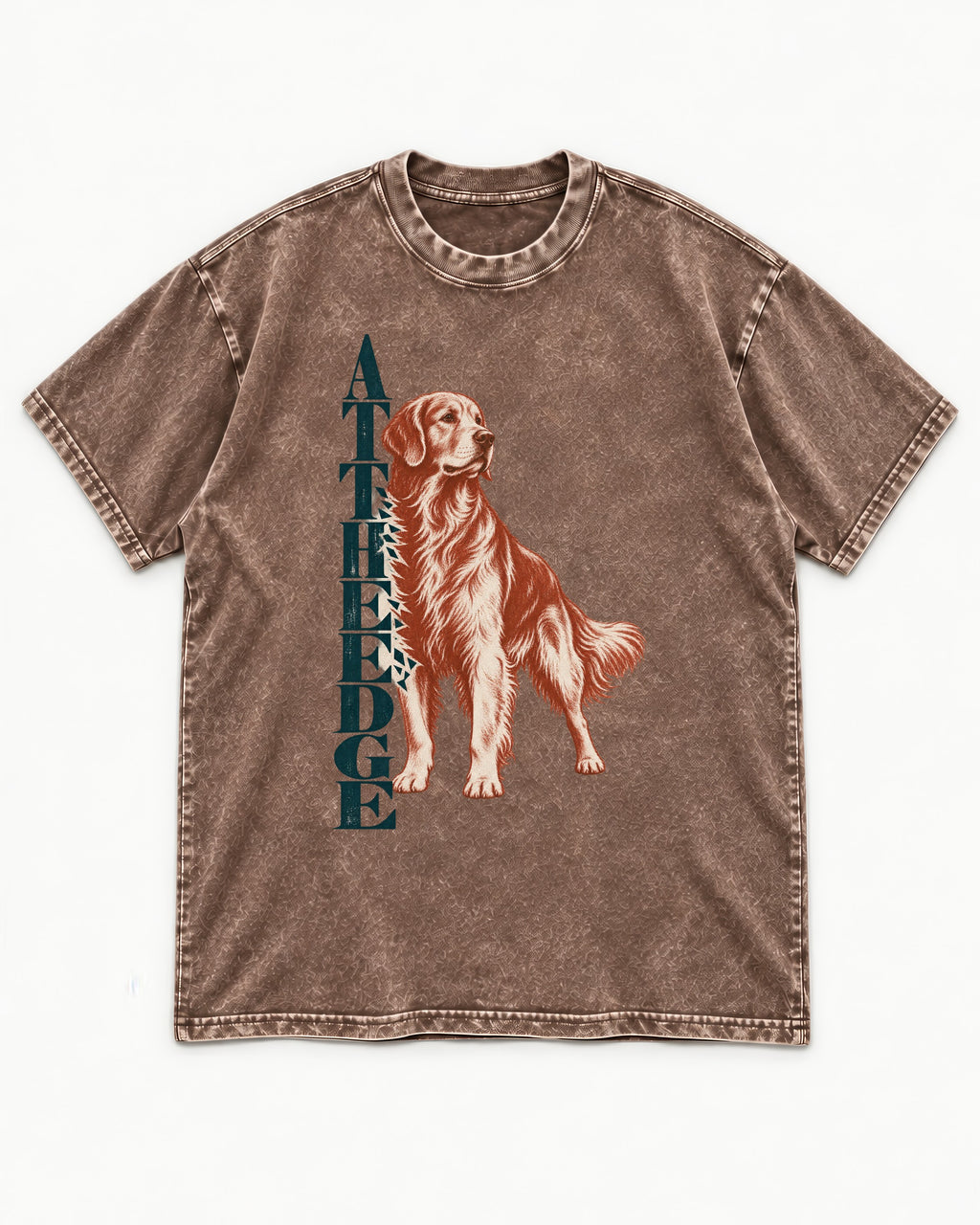 Golden Retriever At the Edge Washed Tee in Coffee, flat lay product photo