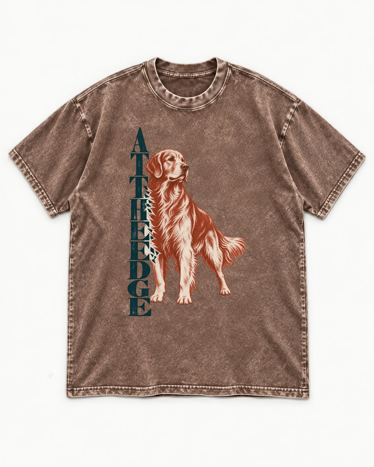 Golden Retriever At the Edge Washed Tee in Coffee, flat lay product photo