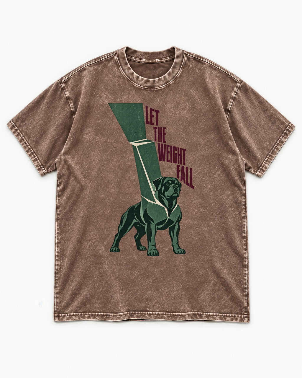 Let the Weight Fall Rottweiler Washed Tee in Coffee, flat lay product photo