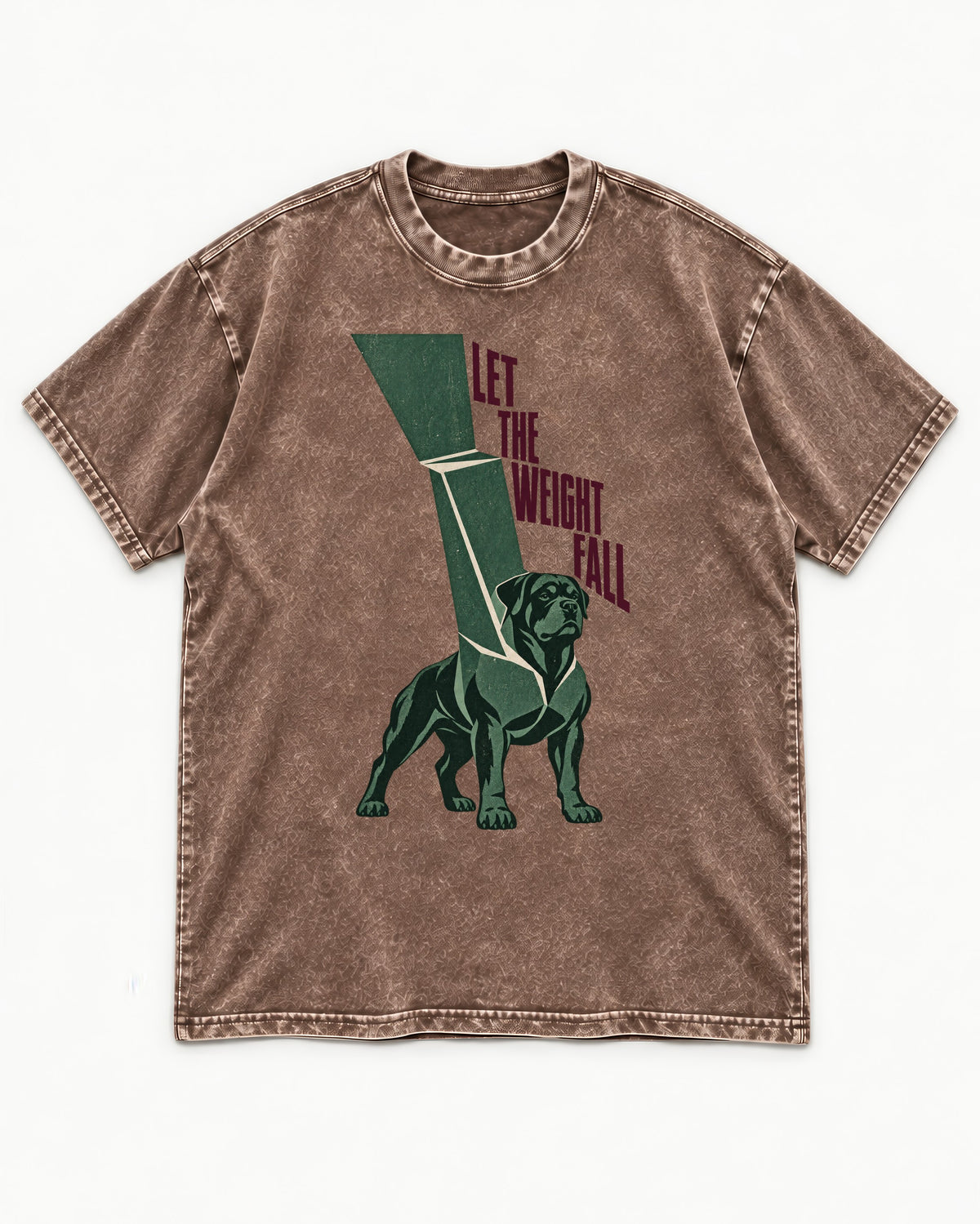 Let the Weight Fall Rottweiler Washed Tee in Coffee, flat lay product photo
