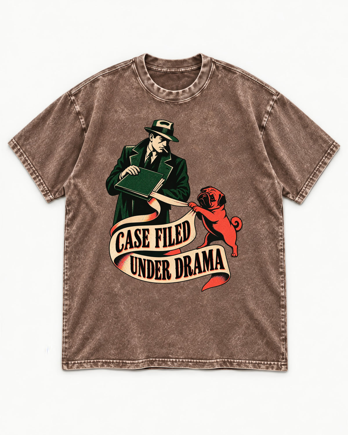 Pug Case Filed Under Drama Washed Tee in Coffee, flat lay product photo