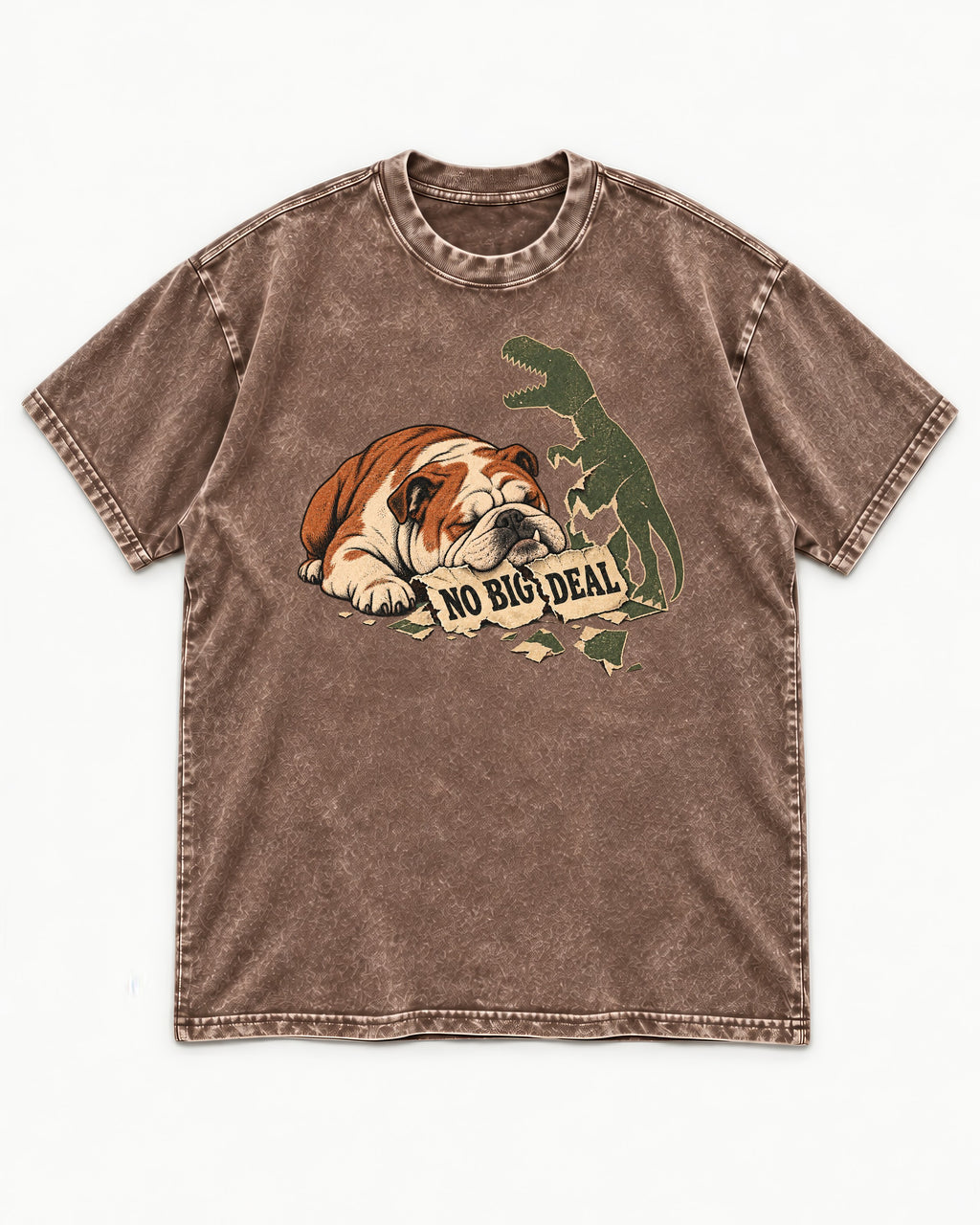 English Bulldog No Big Deal Dinosaur Graphic Washed Tee in Coffee, flat lay product photo