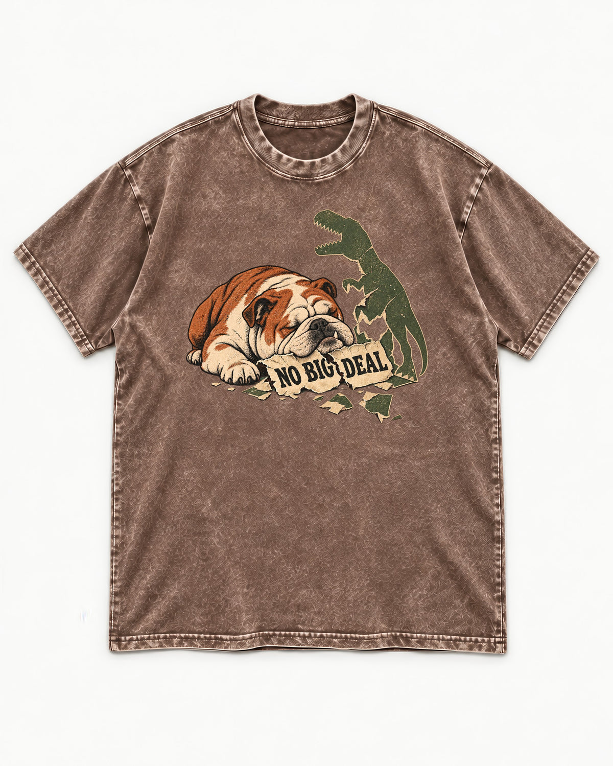 English Bulldog No Big Deal Dinosaur Graphic Washed Tee in Coffee, flat lay product photo