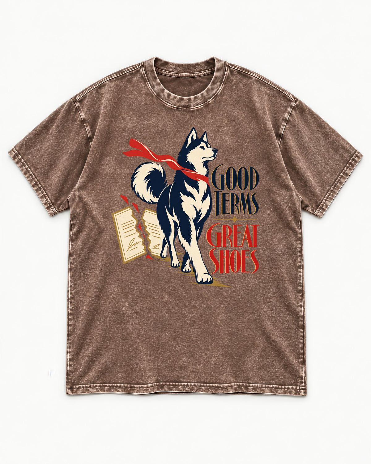 Husky Good Terms Great Shoes Washed Tee in Coffee, flat lay product photo