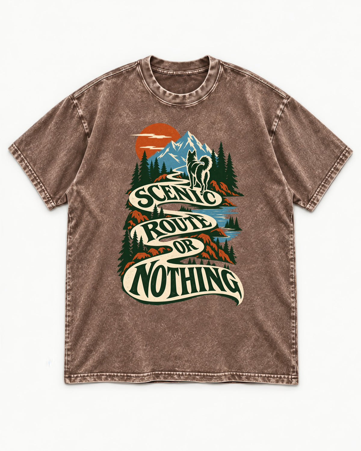 Husky Scenic Route or Nothing Washed Tee in Coffee, flat lay product photo