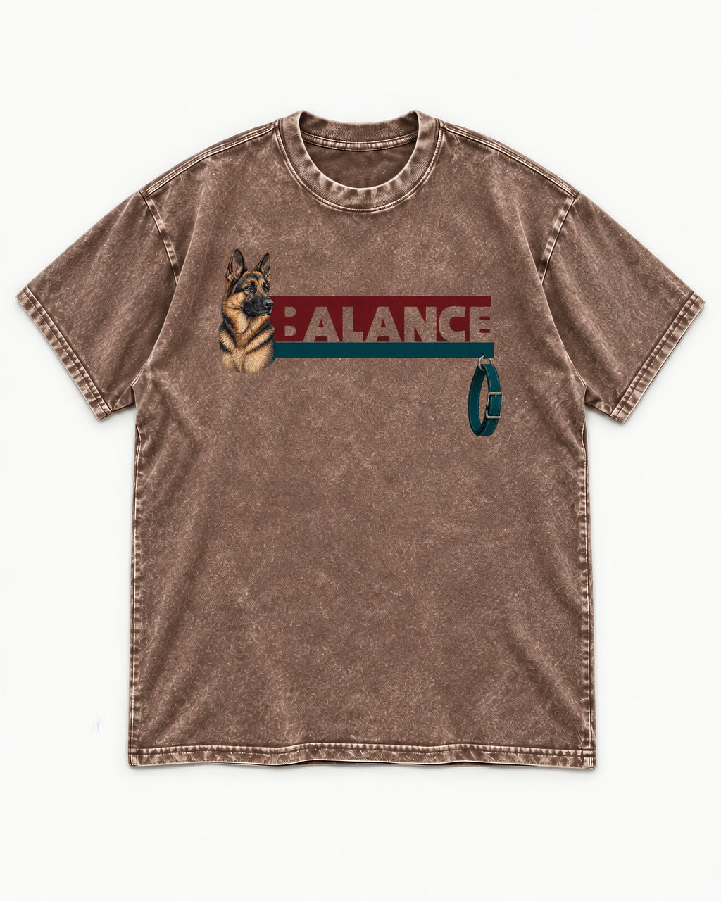 German Shepherd Dog Balance Washed Tee in Coffee, flat lay product photo