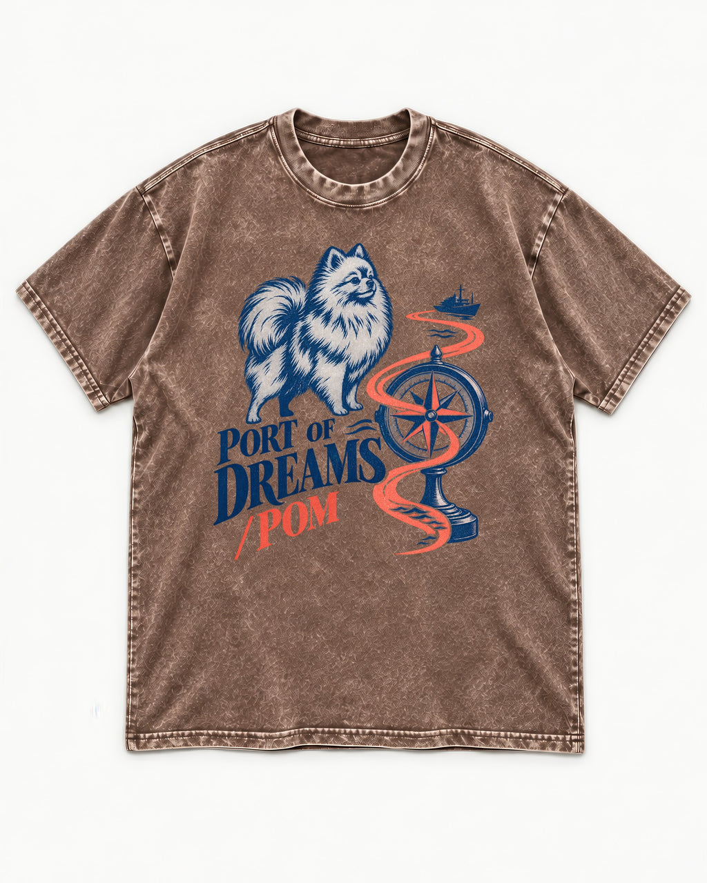 Pomeranian Port of Dreams Washed Tee in Coffee, flat lay product photo