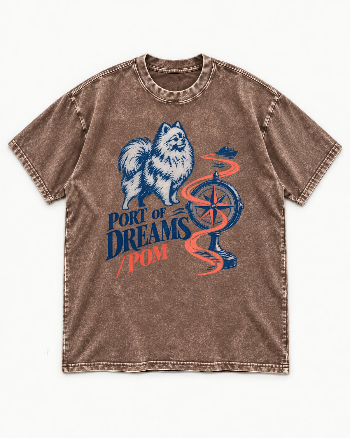 Pomeranian Port of Dreams Washed Tee in Coffee, flat lay product photo