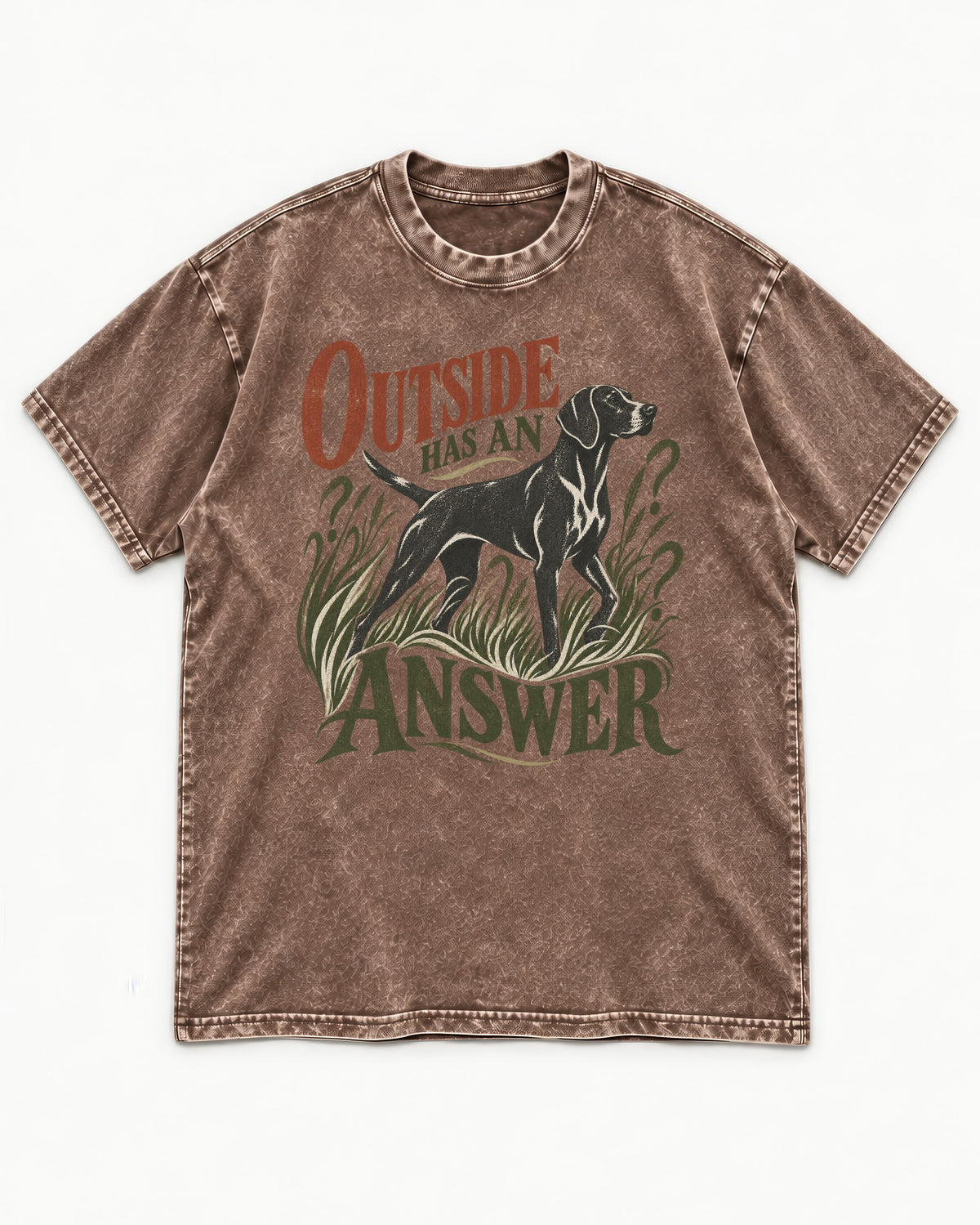 Outside Has an Answer German Shorthaired Pointer Washed Tee in Coffee, flat lay product photo