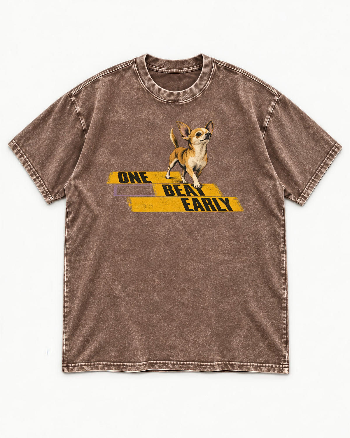 One Beat Early Chihuahua Washed Tee in Coffee, flat lay product photo
