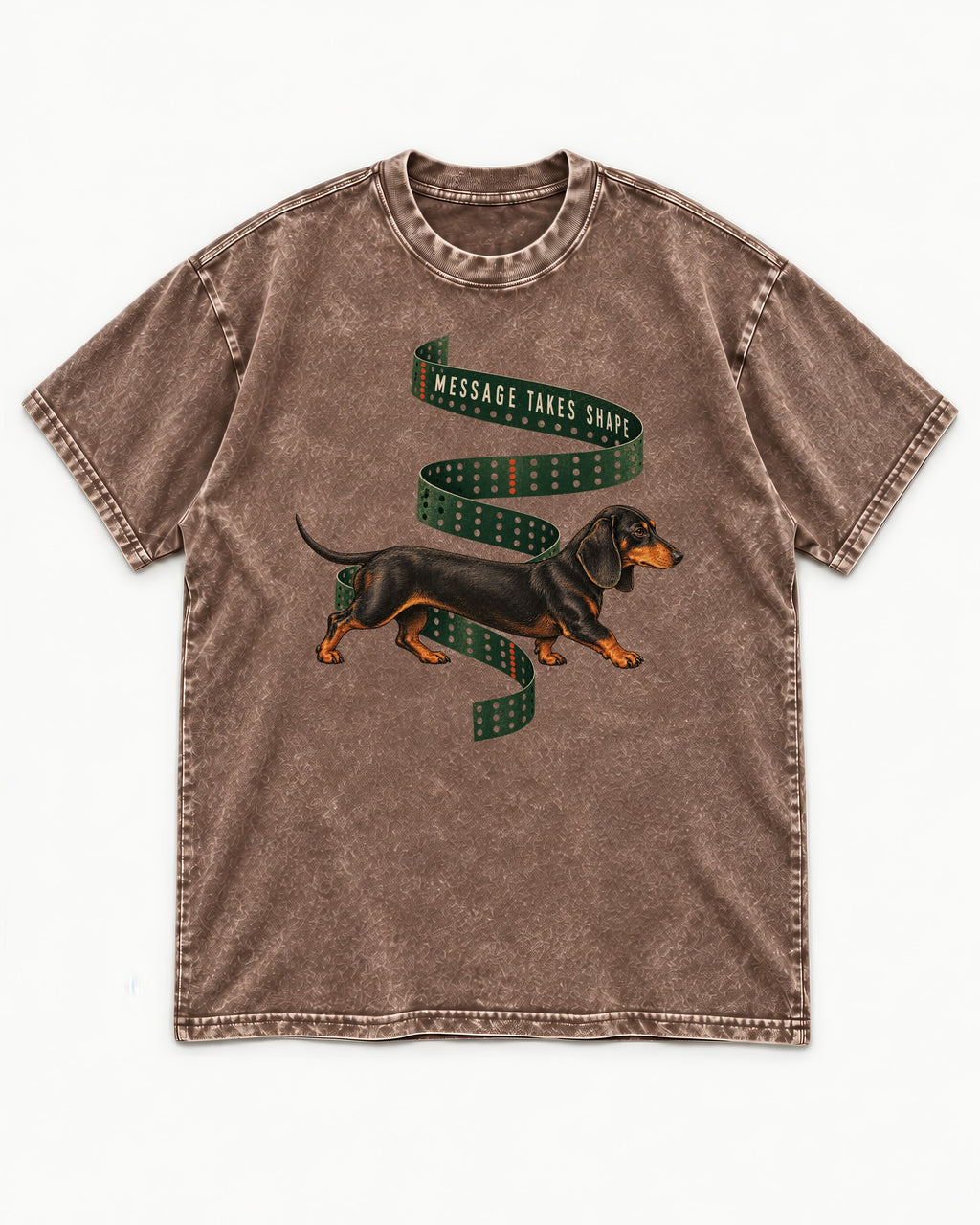 Dachshund Message Takes Shape Washed Tee in Coffee, flat lay product photo