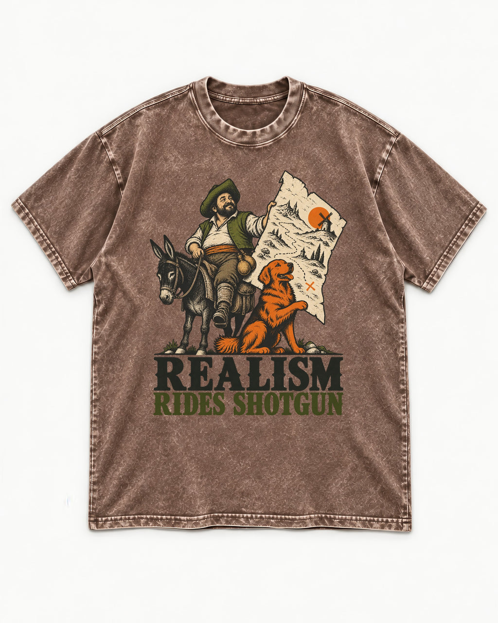 Realism Rides Shotgun with Golden Retriever Washed Tee in Coffee, flat lay product photo