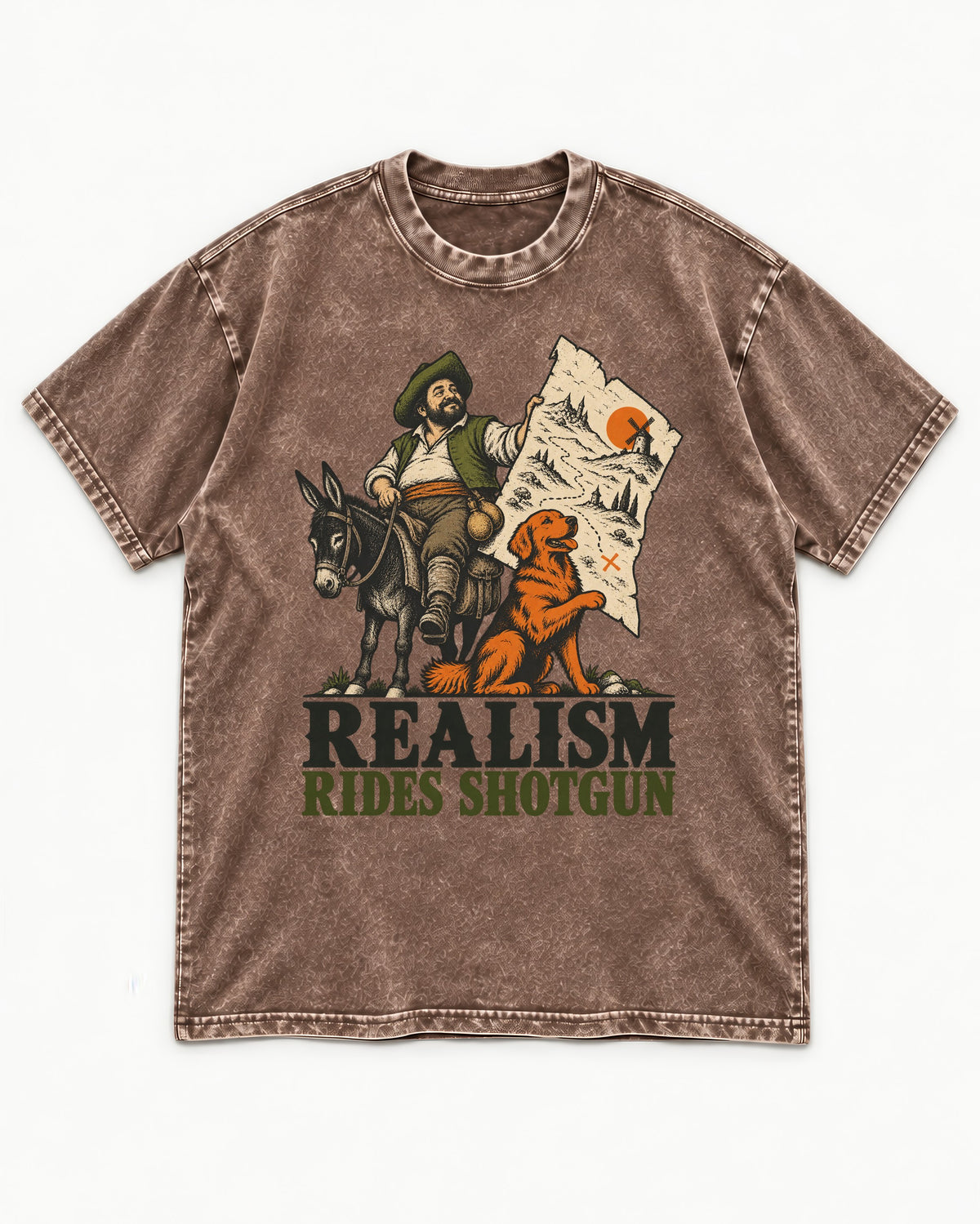 Realism Rides Shotgun with Golden Retriever Washed Tee in Coffee, flat lay product photo