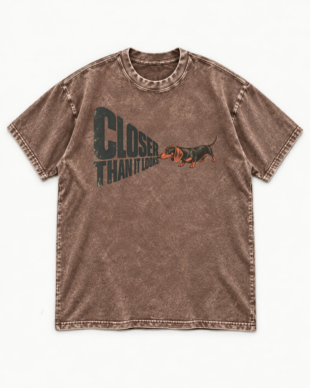 Dachshund Closer Than It Looks Washed Tee in Coffee, flat lay product photo