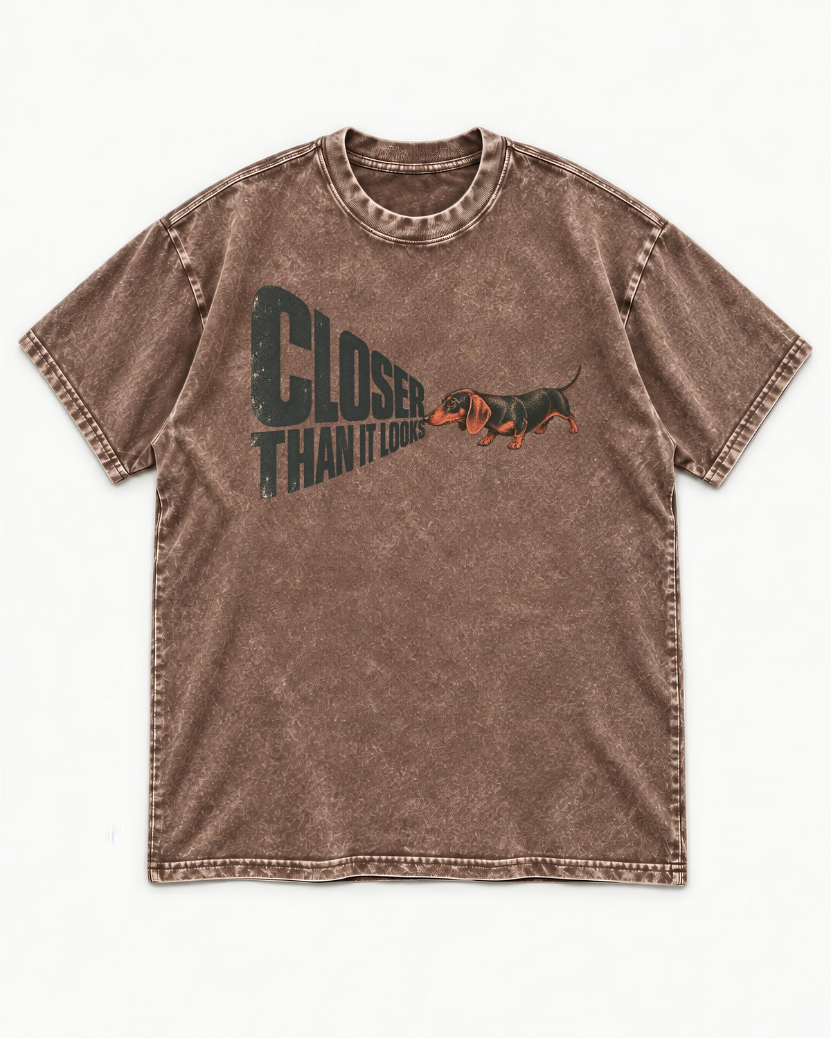 Dachshund Closer Than It Looks Washed Tee in Coffee, flat lay product photo