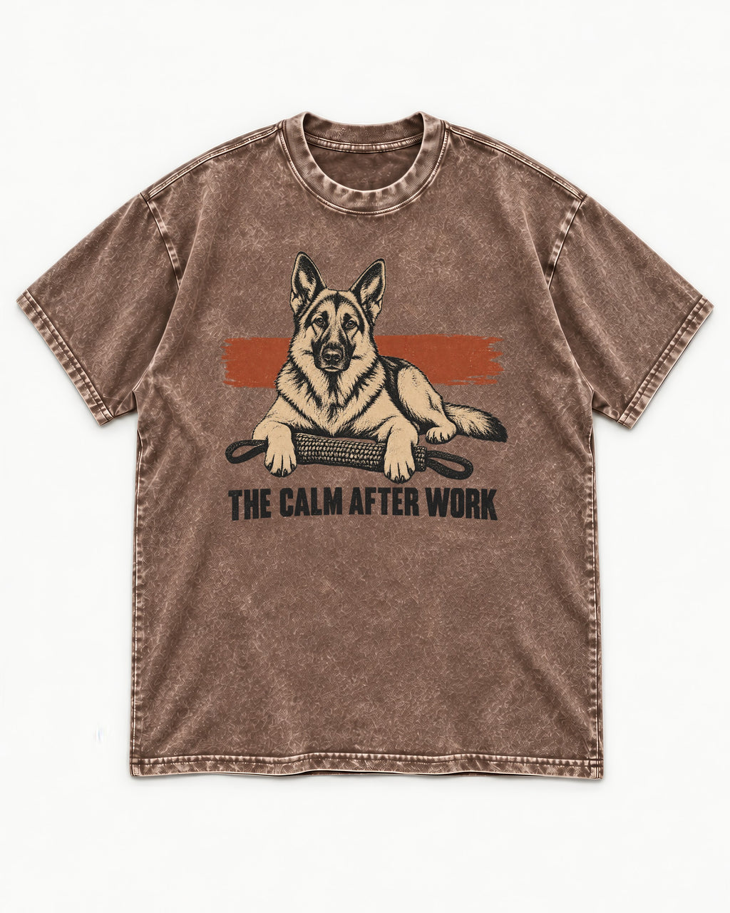 German Shepherd Dog The Calm After Work Washed Tee in Coffee, flat lay product photo