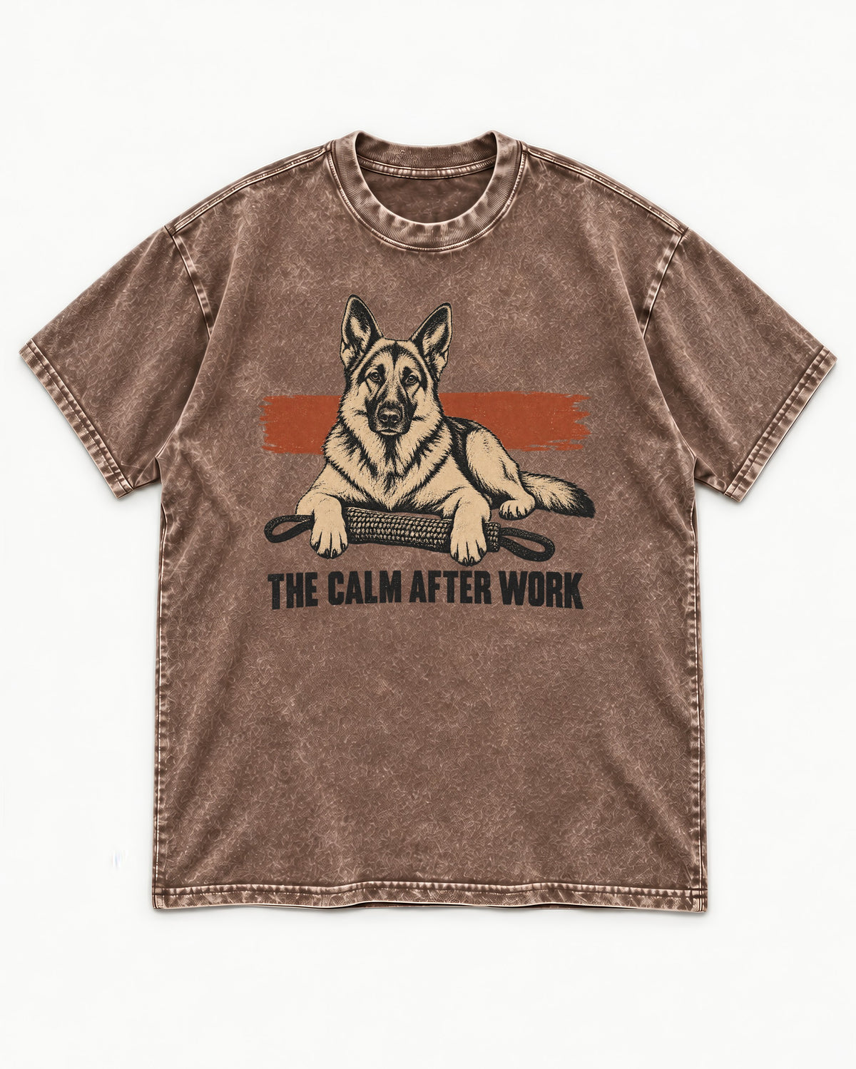 German Shepherd Dog The Calm After Work Washed Tee in Coffee, flat lay product photo