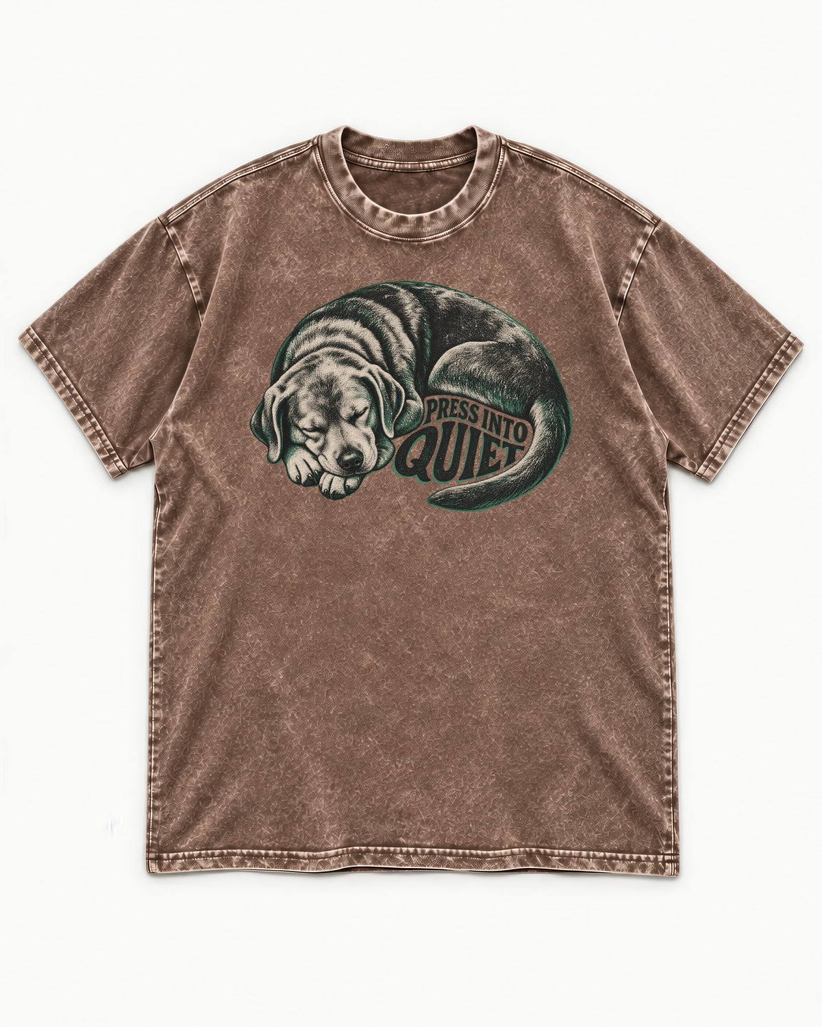 Labrador Retriever Press Into Quiet Washed Tee in Coffee, flat lay product photo