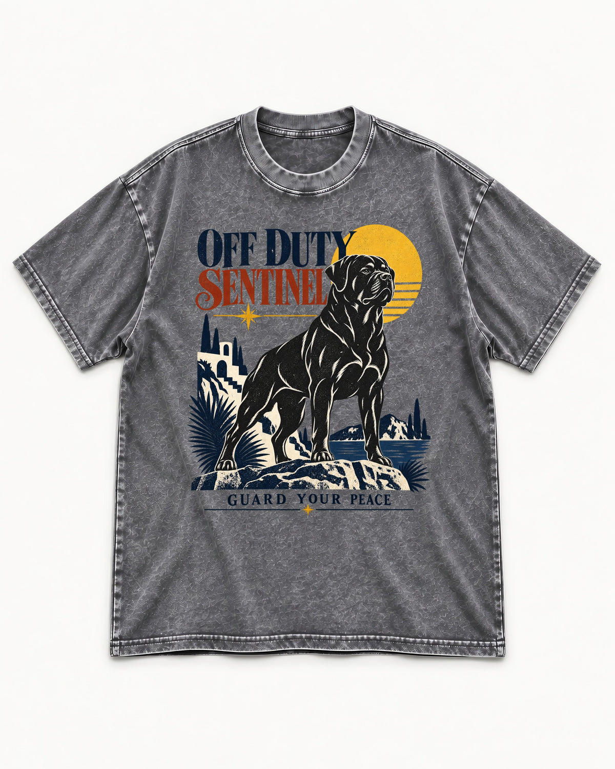 Off Duty Rottweiler Sentinel Washed Tee in Gray, flat lay product photo