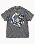 Frenchie Center Is Optional Brush Circle Graphic Washed Tee in Gray, flat lay product photo