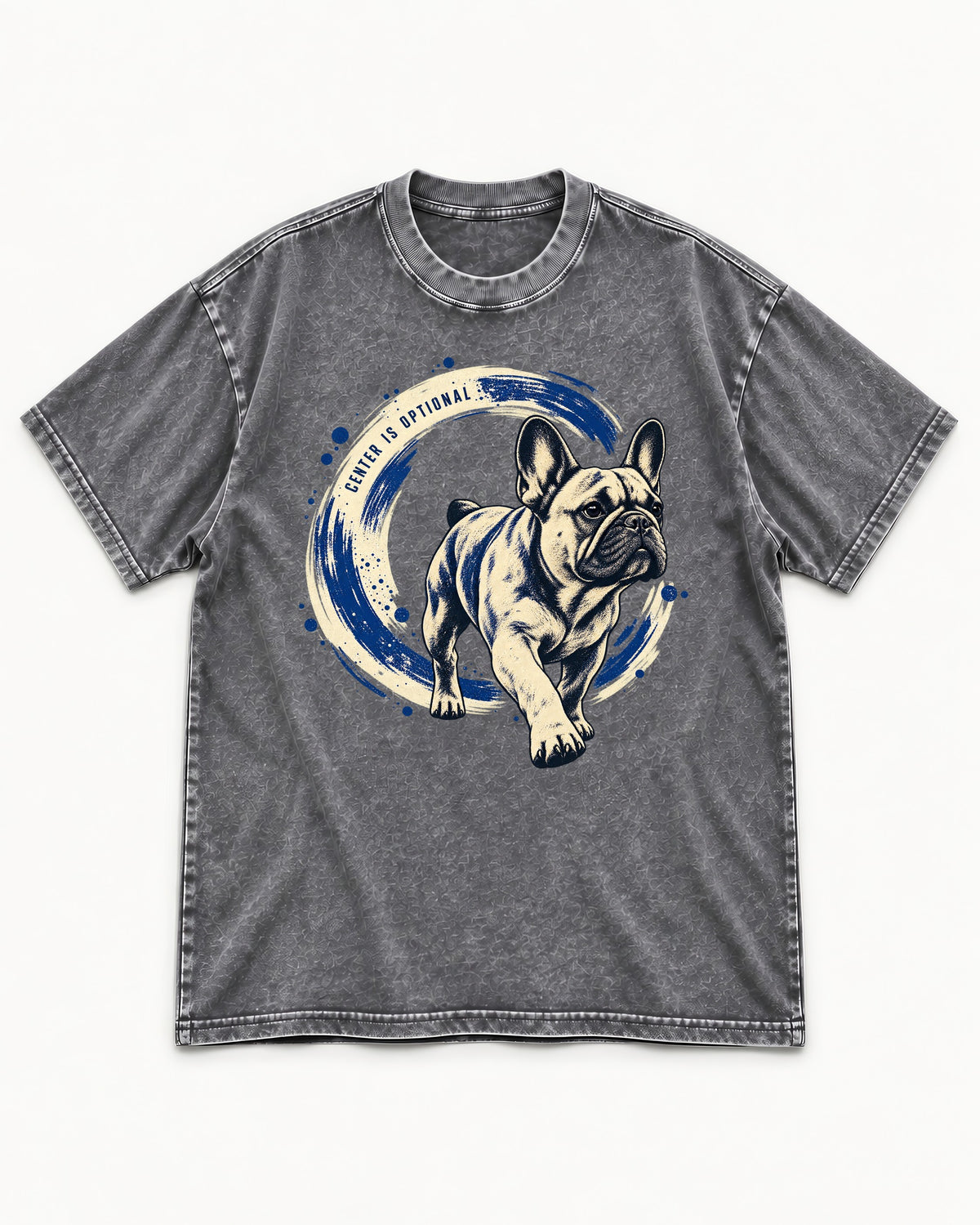 Frenchie Center Is Optional Brush Circle Graphic Washed Tee in Gray, flat lay product photo