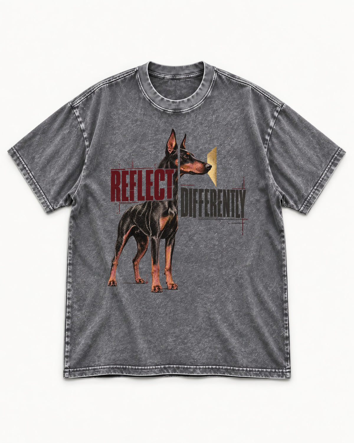 Doberman Reflects Differently Washed Tee in Gray, flat lay product photo