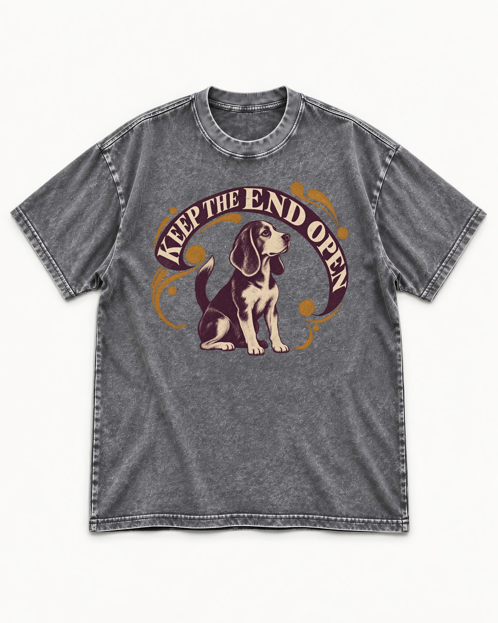 Beagle Keep The End Open Ornamental Graphic Washed Tee in Gray, flat lay product photo