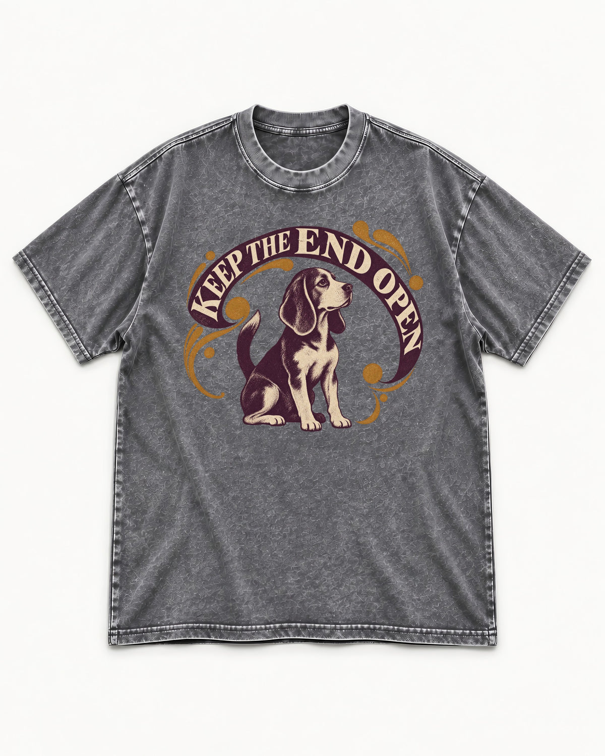 Beagle Keep The End Open Ornamental Graphic Washed Tee in Gray, flat lay product photo