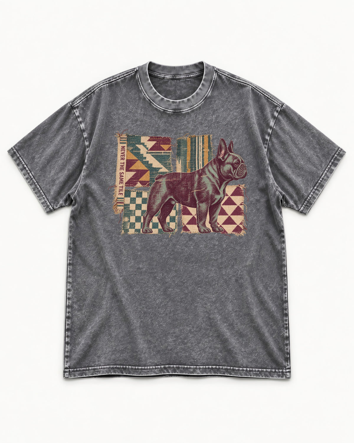 Frenchie Never the Same Tile Textile Graphic Washed Tee in Gray, flat lay product photo
