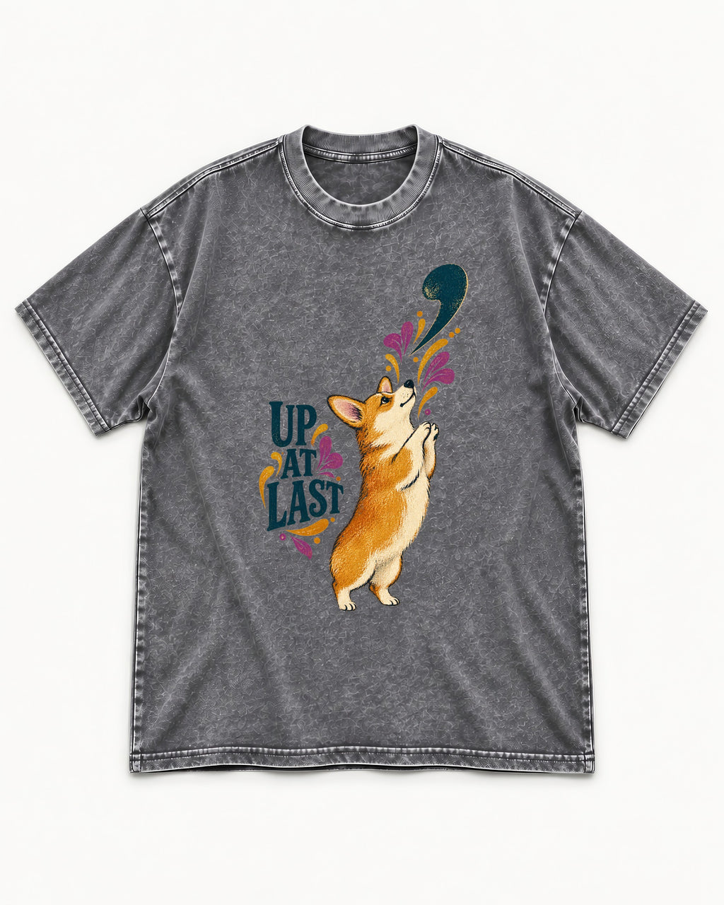 Corgi Up at Last Washed Tee in Gray, flat lay product photo